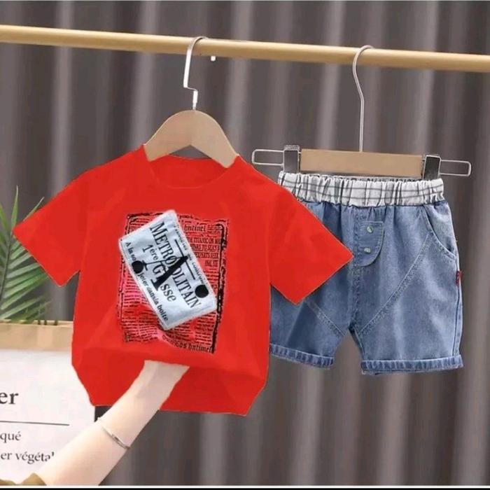 MURAH setelan anak laki-laki perempuan baju kaos pendek dan celana pendek denim jeans anak motif kor