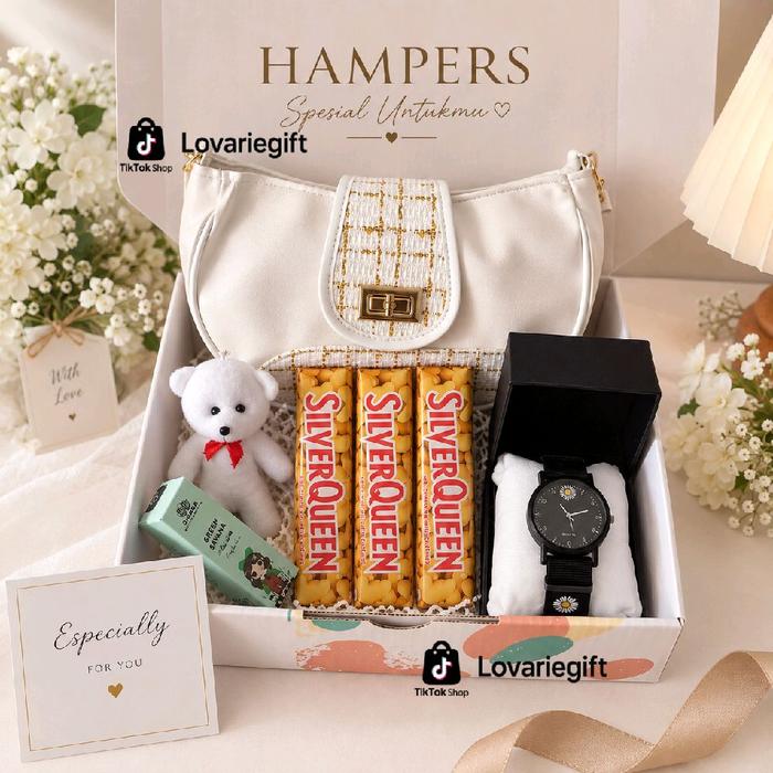 Hampers Spesial Wanita – Tas, Jam Tangan, Coklat Silverqueen , Choco & Boneka | Kado Cantik Elegan G