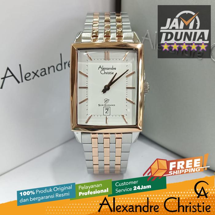JAM TANGAN ANALOG PRIA KOTAK ALEXANDRE CHRISTIE ORIGINAL SILVER KOMBINASI ROSE GOLD STRAP STAINELES 
