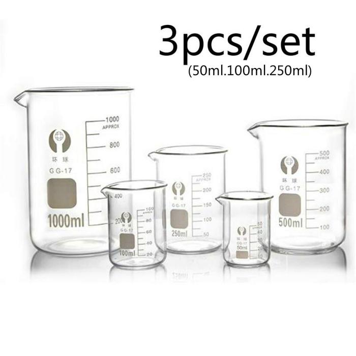 3PCS Pack Glass Borosilicate Graduated Beakers  50ml 100ml and 250ml,