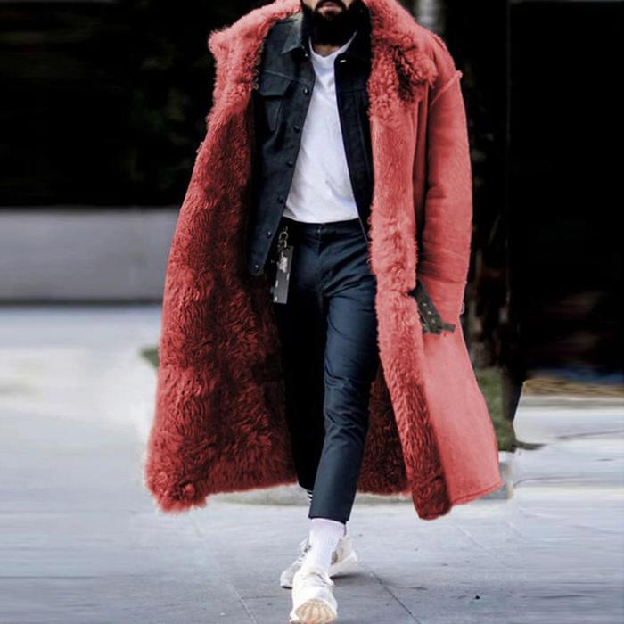 2024 Winter Men Long Plush Lined Jacket Autumn Plush Thick Coats Trendy Winter Overcoat Faux Fur Fau