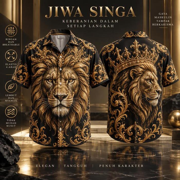 Kemeja Pria Lengan Pendek Motif Singa Mahkota Baroque Warna Hitam Emas, Kerah Lipat, Kancing Depan, 