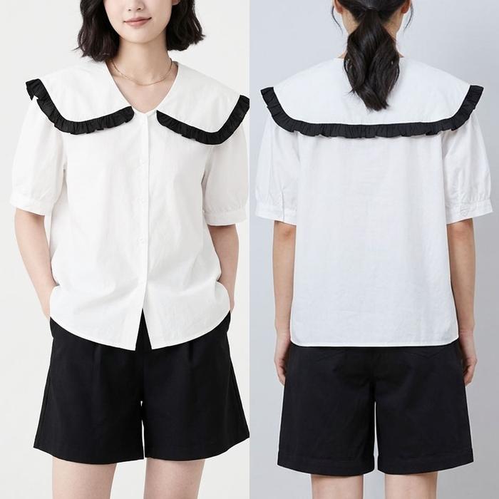 BLUS KATUN LINEN PUTIH KERAH COLLAR LIS HITAM KOREA IMPORT