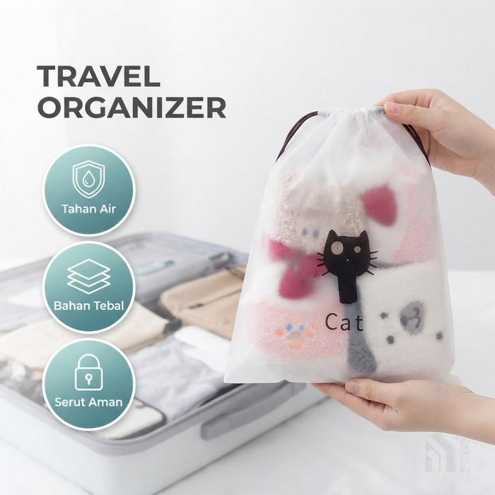Kantong Plastik Serut Travel Organizer Pakaian Dalam Perlengkapan Mandi Anti Air Bahan PE Tebal Ukur