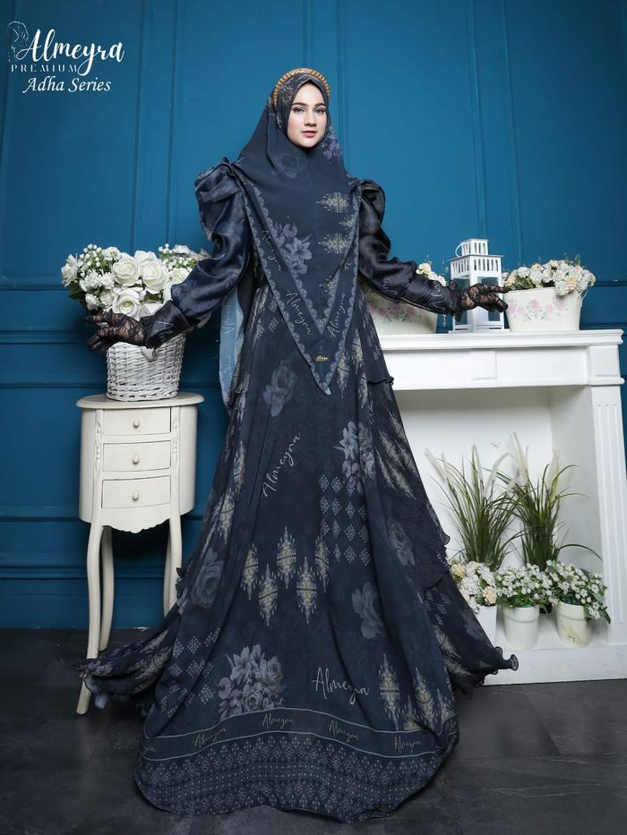 Adha Series By Almeyra Premium Setelan Gamis Syari Set Khimar Ceruty Digital Printing