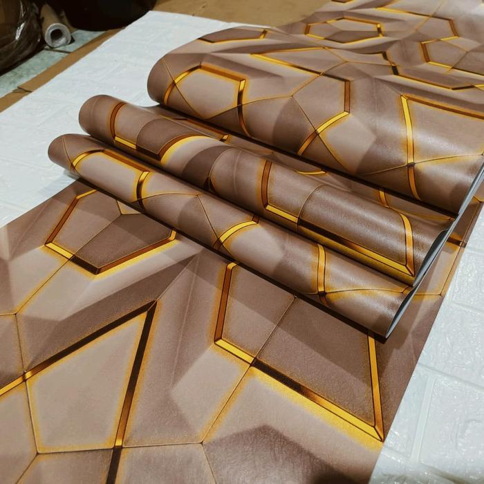 Wallpaper Sticker Dinding Motif Geometric Coklat Minimalist List Gold