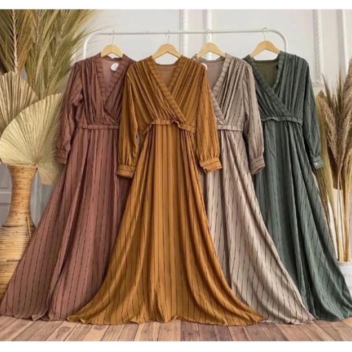 Dress hijau ceruty premium dada silang sexy motif garis lurus