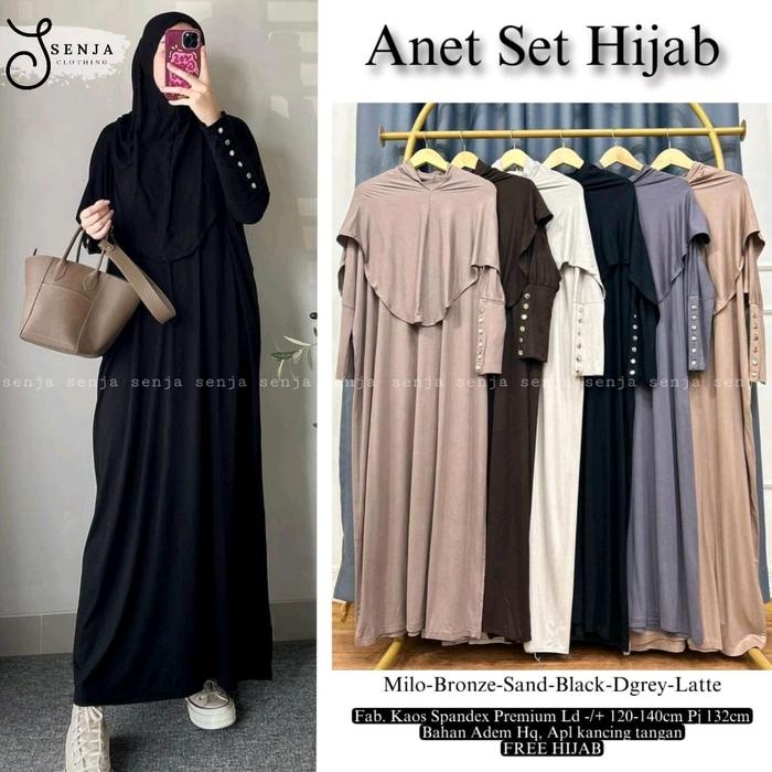 Anet setelan hijab by SENJA COLLECTION (maxi gamis dress set dengan hijab motif polos, bahan kaos sp