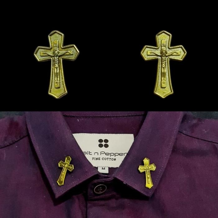 (PROMO) METAL GOLD CROSS COLLAR PIN BROS JAS KAMEJA TUXEDO CLASSIC MENS PRIA SALIB WARNA EMAS
