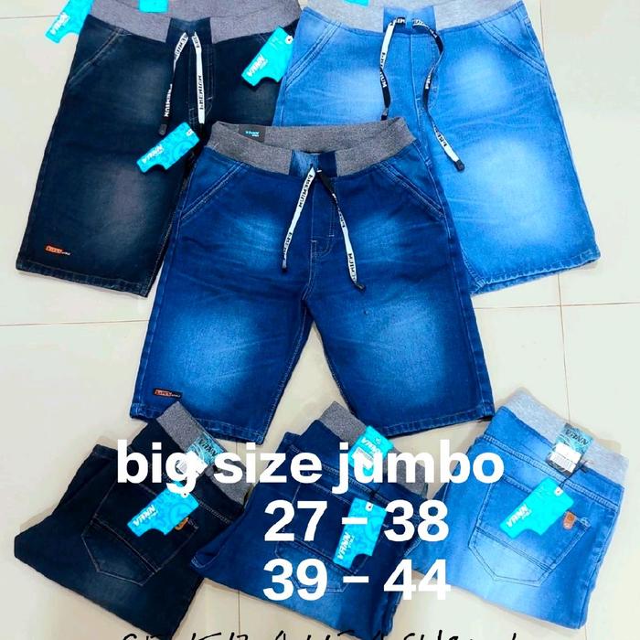 Celana Jeans Pendek Pria Jumbo Pinggang Karet Navy Size 39-44 Bahan Denim Halus CelanaJeansPendek Le