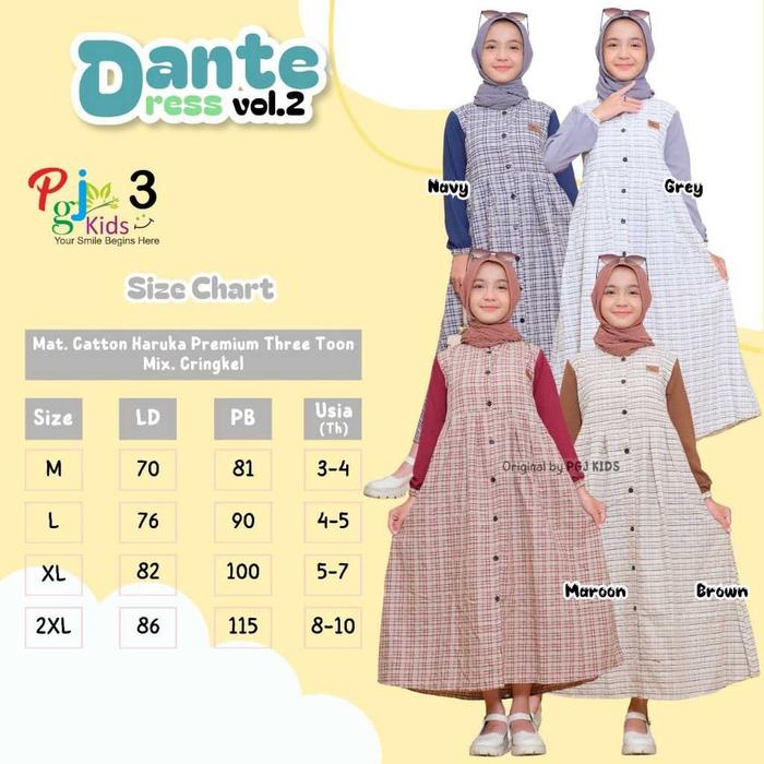 PGJ Kids Dante Lilia Dress Katun Haruka Usia 3-10 Tahun Full Kancing Gamis Anak Perempuan Muslim gam