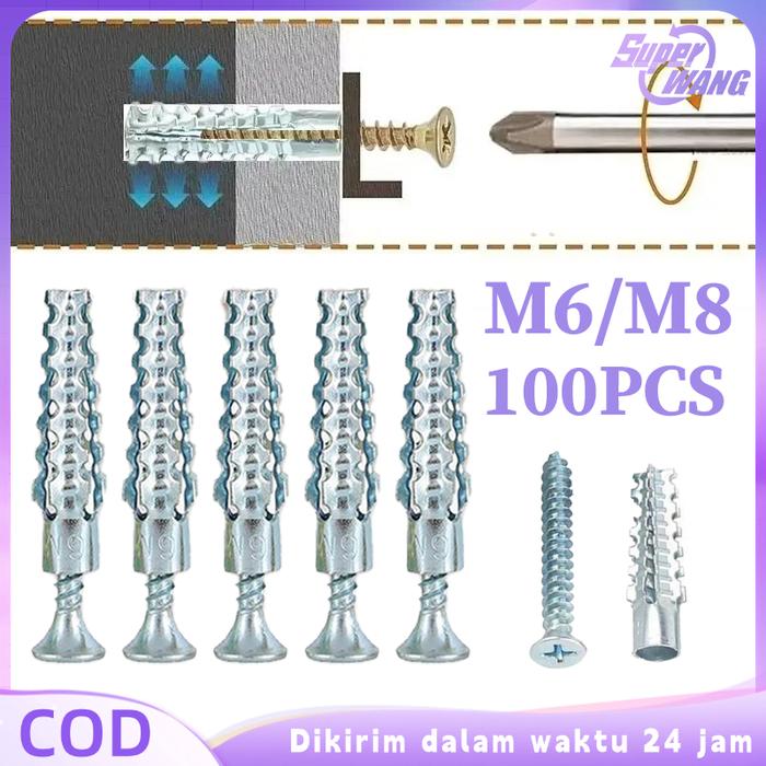 M6/M8 Angkur Baut Tembok Sekrup 100set Sekrup Dinding Tembok Angkur Anchor Skrup Pengait Tembok