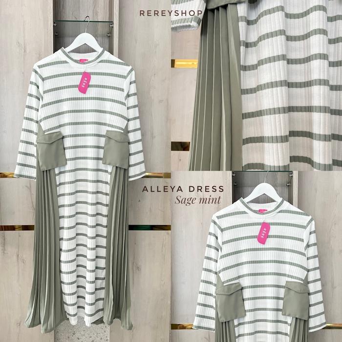 Rereyshop Alleya Midi Dress Wanita Terbaru Salur Stripe Plisket Nyaman Adem Gamis Muslim Knit Korean