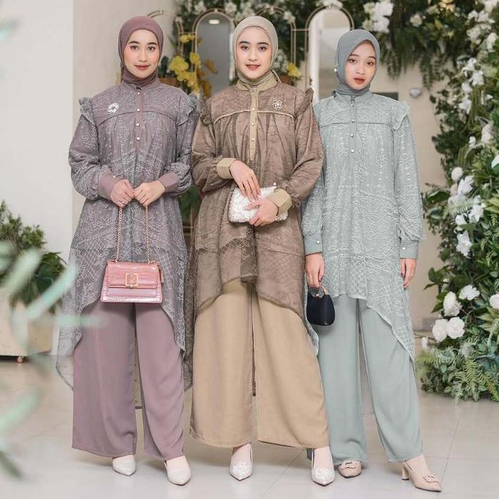TERBARU Setelan Atasan Tunik Brukat & Celana Kondangan Elegan