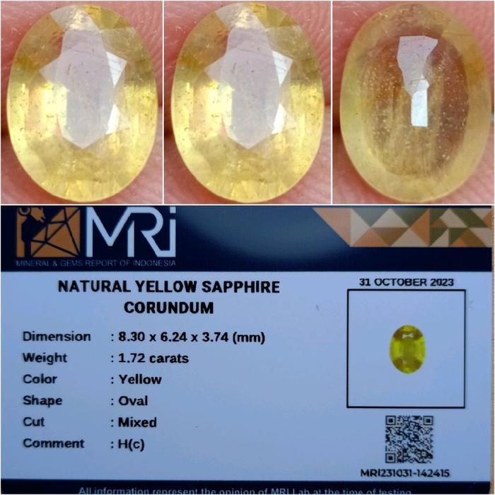 Natural Yellow Sapphire 1.72 Carats H(c) Yellow Memo MRI 142415