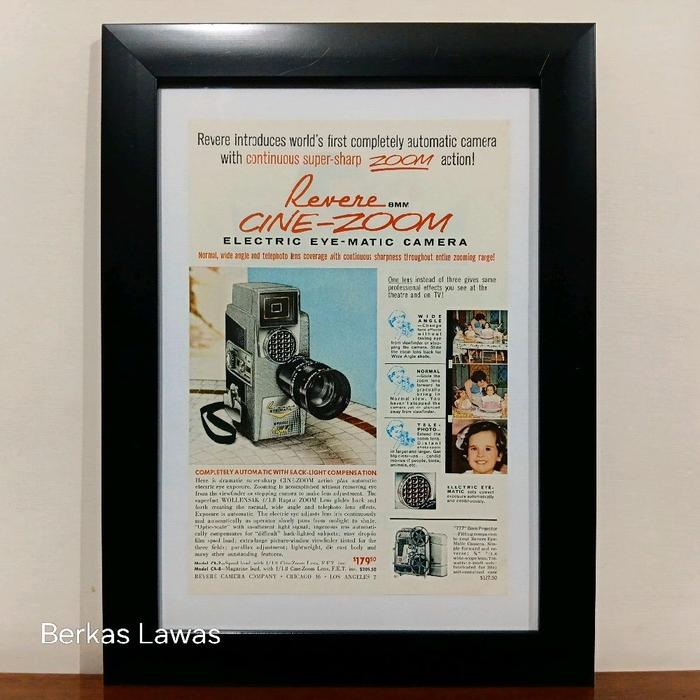 REVERE Iklan Lawas 1950s Kamera Antik CINE ZOOM with WOLLENSAK LENS - Original Vintage Wall Decor Ko
