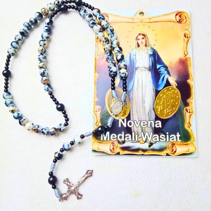 Kalung Rosario Marmer Corak Emas dan Lembaran Doa Novena Medali Wasiat - Paket Doa