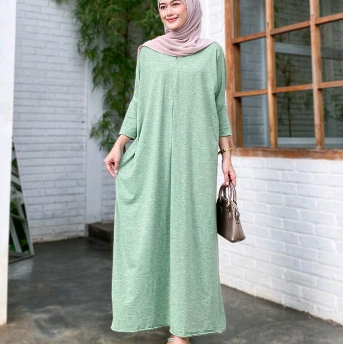 GIANA Batwing Plisket Jersey Dress Gamis Polos Basic Premium Daily Kekinian Terbaru Bahan Kaos Jerse