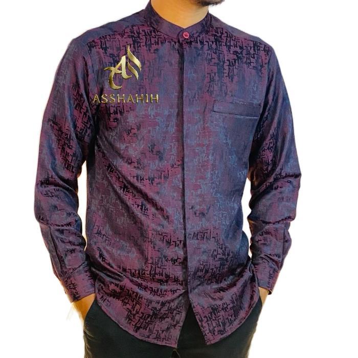 TERLARIS ASSHAHIH kemko jaguar motif abstrak Baju Muslim Pria Formal Kerah sanghai lengan Manset sa