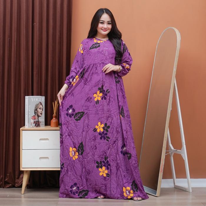 Gamis Queena Batik Cap Jumbo Pekalongan Motif Sunan Resleting Depan Lengan Kerut Karet Model Terbaru