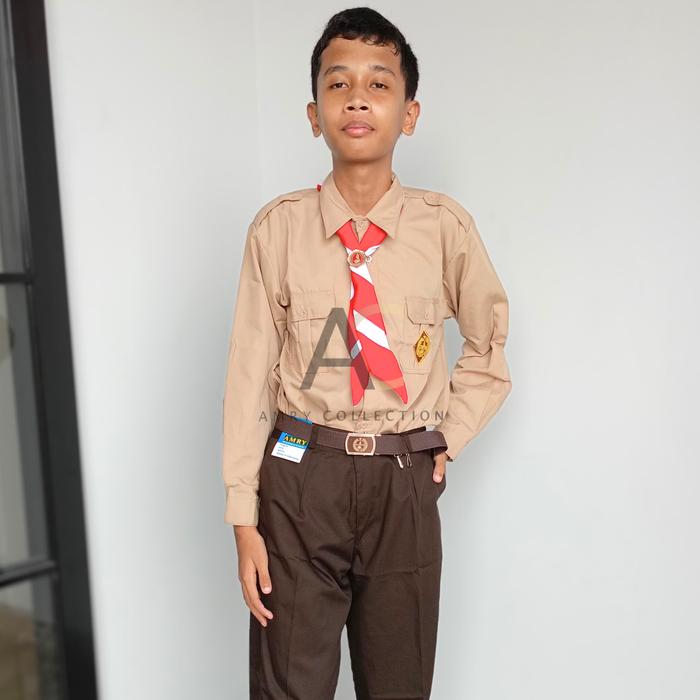 Amrycollection Baju Pramuka Laki-laki SD SMP SMA Lengan Panjang Kemeja Pramuka Coklat Susu Kain Oxfo