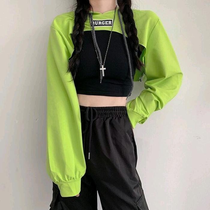 HOODIE CROP/CROPTOP WANITA DADA TERBUKA KOREAN STYLE MIX KOMBINASI 3 WARNA MOTIF BURGER BIGSIZE OVER
