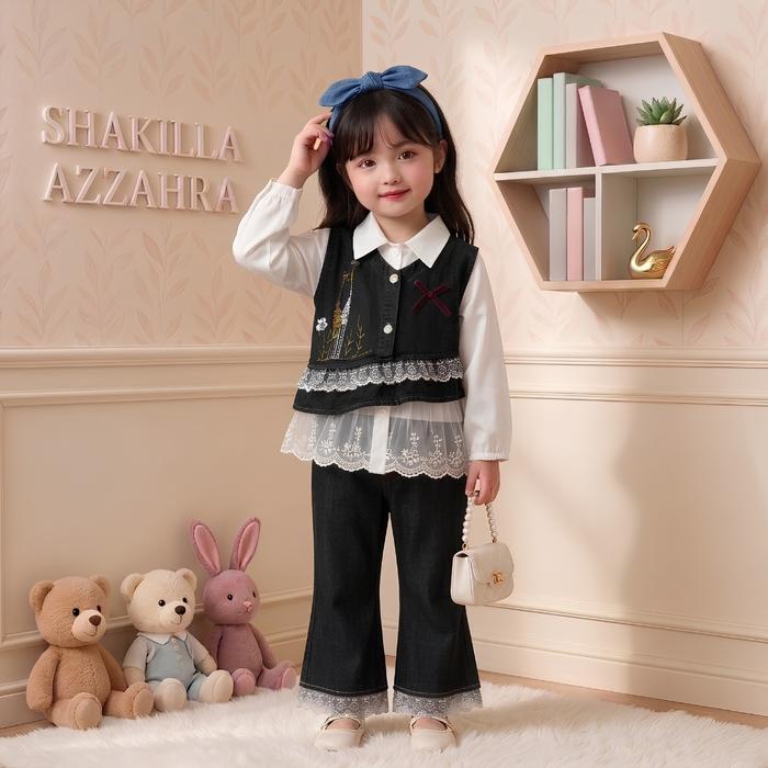 3 in 1 One Set Vionessa Stelan jins anak perempuan korean Impor jeans Rompi Viral usia 3 - 10 tahun