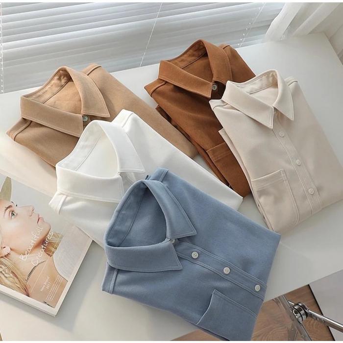 KEMEJA POLOS SHAKILA BOTTEGA STRECH WANITA LENGAN PANJANG SAKU DEPAN   blouse baju Linen  jatuh keme