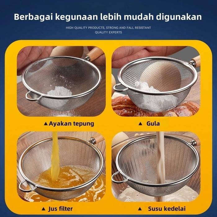 Saringan Minyak Tepung Gula Kopi Susu Juice / Serok Stainless Gagang Kayu