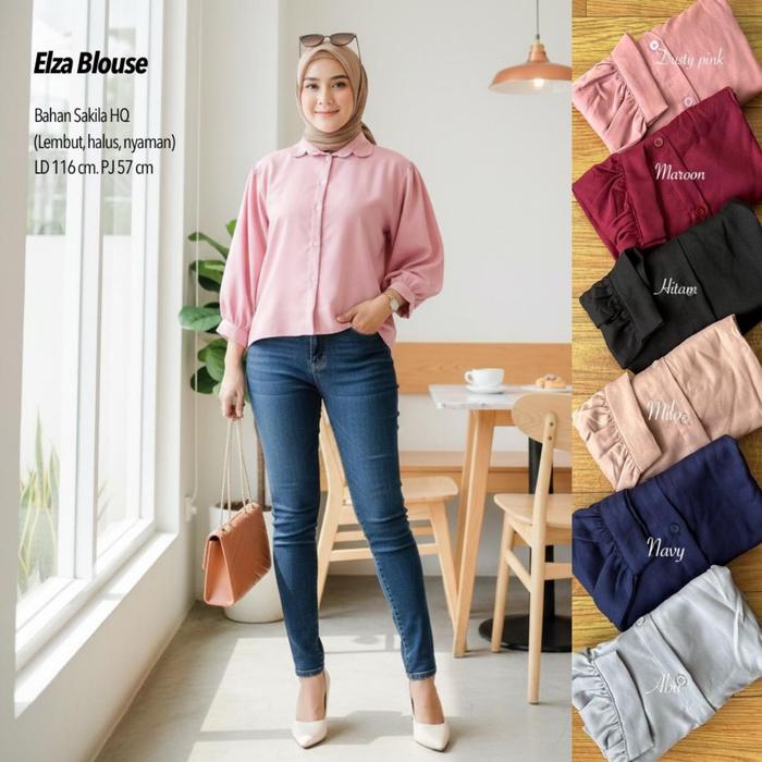 KEMEJA WANITA / ELZE BLOUSE LENGAN PUFFY POLOS BAHAN SHAKILA / ELZA BLOUSE