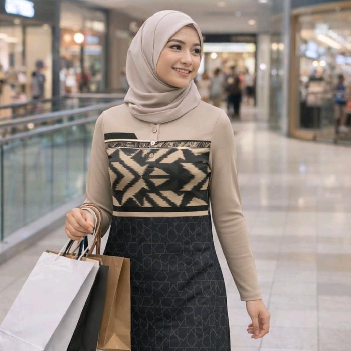 Eko Soft Jersey Kaos Tunik Syari Muslimah Kekinian Size S - 3XL KR11908 Bahan Irish Fullprint Busana