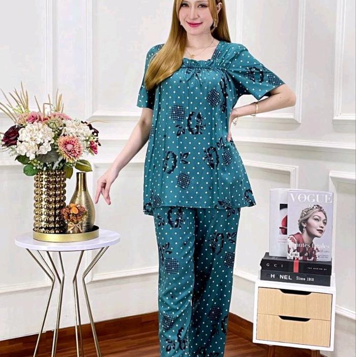 Setelan Wanita Fuji bahan Rayon Katun Celana Panjang Baju Pendek Nyaman Lembut one set  Dewasa Motif