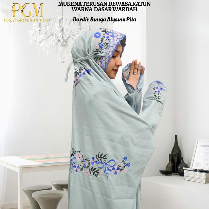 Mukena Terusan Dewasa Katun Mikro Warna Biru Wardah Bordir Bunga alysum