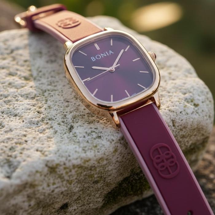 Bonia Women Watch BNB10839-2562 Purple Silicone Strap 28.5mm x 37mm Quartz Analog Date Hardlex Cryst