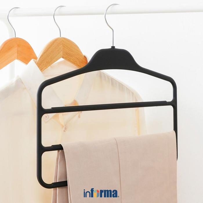 Informa 35 cm Hanger Baju Celana Plastik Abs Anti Slip Dengan 3 Bars - Hitam Gantungan Organizer Lem