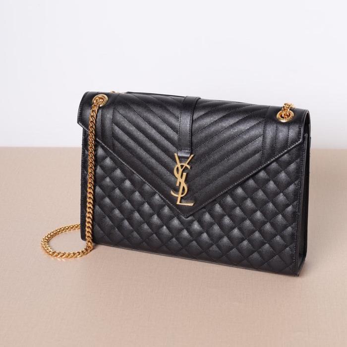 YSL LARGE MONOGRAMME ENVELOPE CHAIN SHOULDER BAG IN BLACK CAVIAR