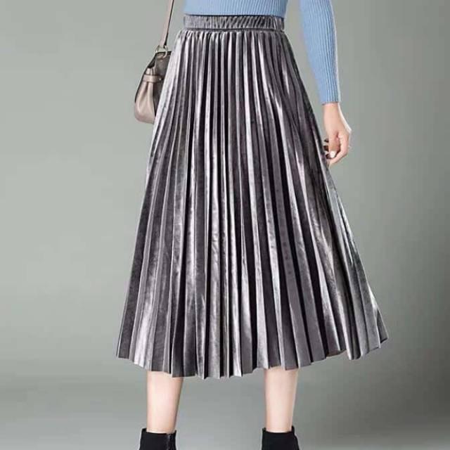 Rok plisket bludru 7/8 Rok bludru velvet// 7/8 Rok plisket bludru pendek import