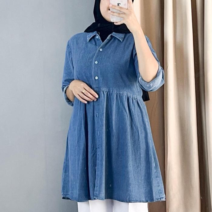 Anyo At65 Atasan Tunik Denim Jeans Wanita Jumbo Blouse Shirt Terbaru !!!