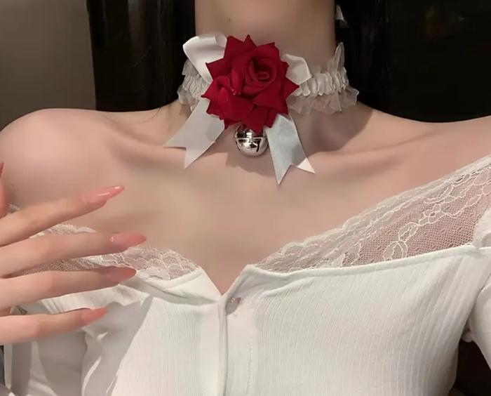 Red Rose Lace Choker Necklace with Large Bell