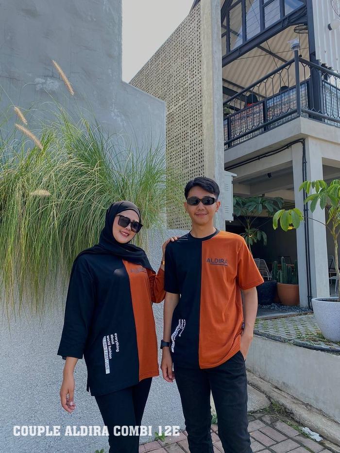 Aldira Kaos Couple Pasangan Pria Wanita Jumbo Kekinian Combed Panjang Oversize Distro Pendek Sablon