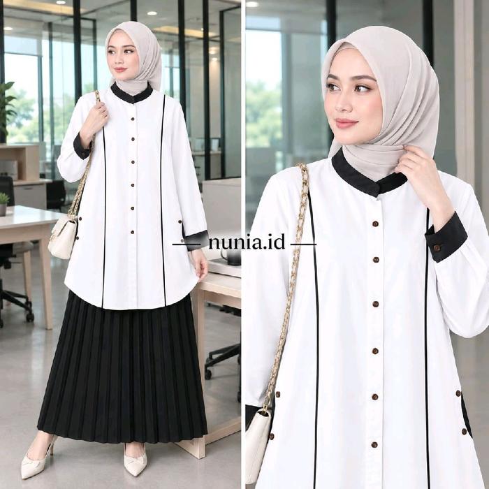 Nunia.id Baju Tunik Wanita Putih Bersih Dengan detail Hitam Cantik anggun Kuliah Ngaji Santri putri