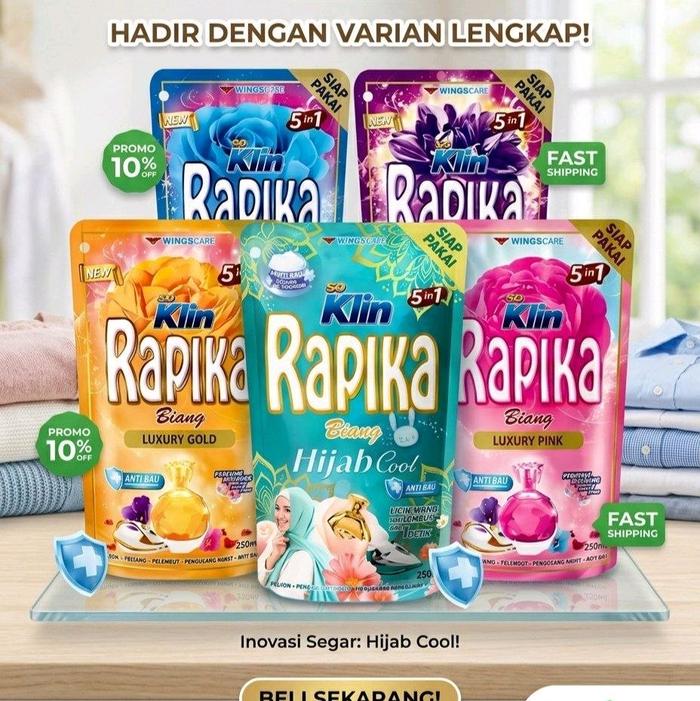 Rapika Biang Pouch 250 ML Pelicin Pakaian Luxury Gold Pink Purple Hijab Blue 250ml untuk Wanita dan 