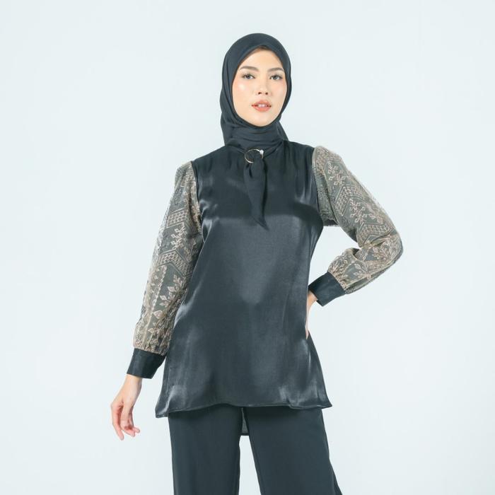 ZOYA Hestia Blouse Black - Baju Atasan Wanita Tunic Polos Bahan Premium Poly Kombinasi Tulle Lengan 