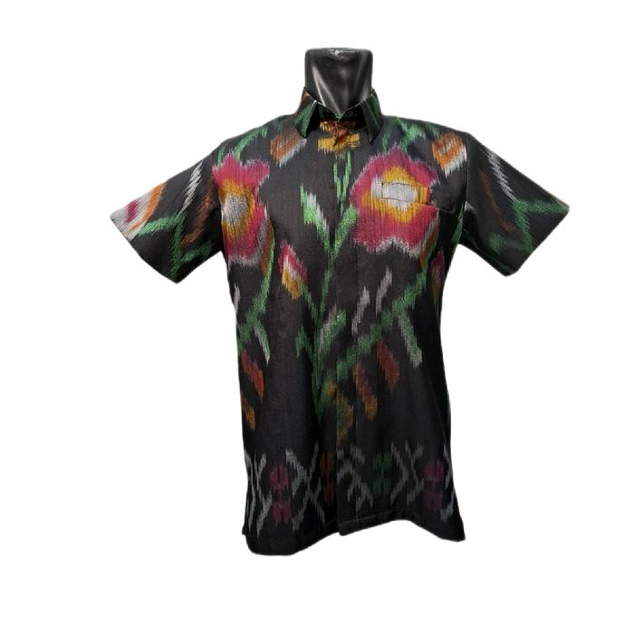 KEMEJA LENGAN PENDEK Motif sutra bunga lagosi dengan lapisan trikot Pria Baju Hitam Dewasa