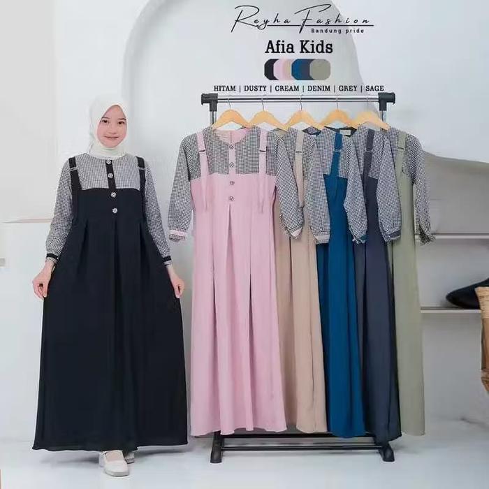 Baju Afia Dress Kids Gamis Anak Terbaru Bahan Crinkle Airflow Mix Katun Flanel Muslim Nyaman Panjang