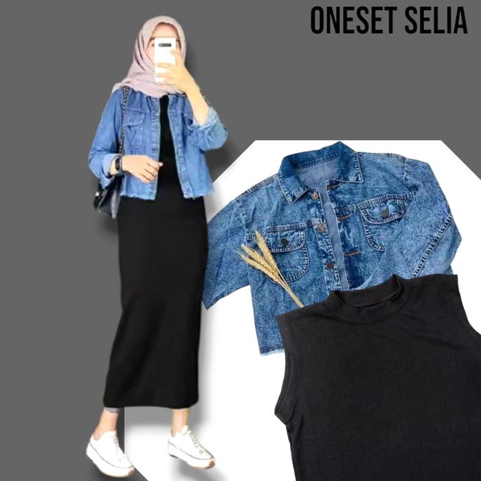 SETELAN WANITA INNER DRESS RAJUT+ JAKET JEANS oneset selia jaket dan iner satu set biru hitam ootd h