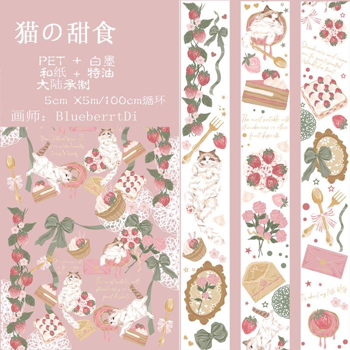 Lovely Cat Strawberry Cake PET Special Oil Washi Tapes Junk Journal