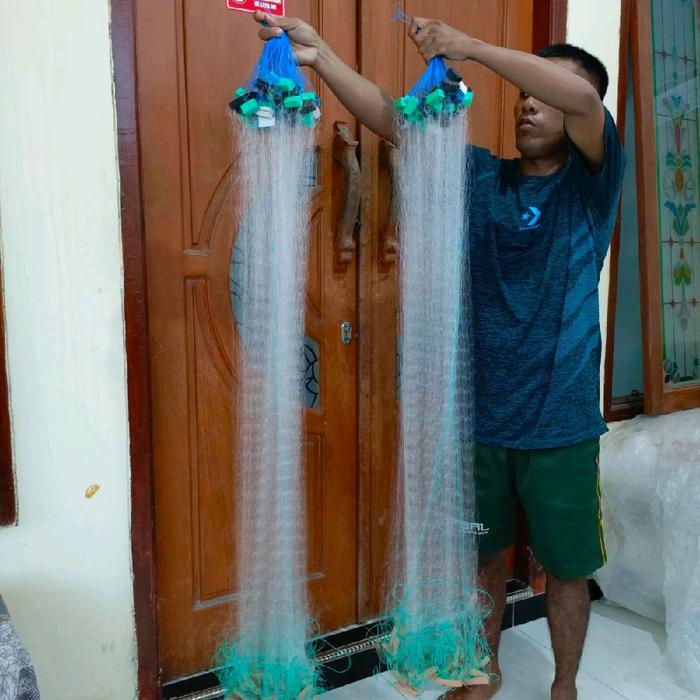 Jaring ikan serbaguna senar ukuran 0,15mm 1 lapis siap pakai 2 inc dan 2½ inc dengan pemberat tanah 