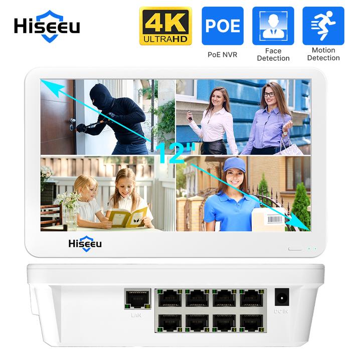 8CH 4K POE NVR With 12" LCD Monitor H.265 CCTV Network Video Recorder