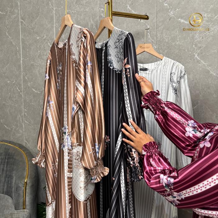 DiniOlshop_02 - Aurora Gamis Wanita Dior Silk Motif Etnik Bunga / Long Dress Muslimah Silk Mewah Ele